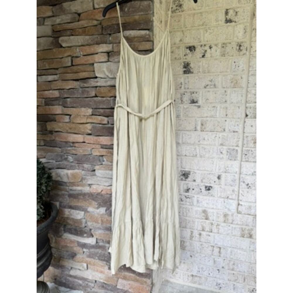 Moon River MR7134 Maxi Dress-Large Beige Boho Flowy Tie Waist Spaghetti Strap